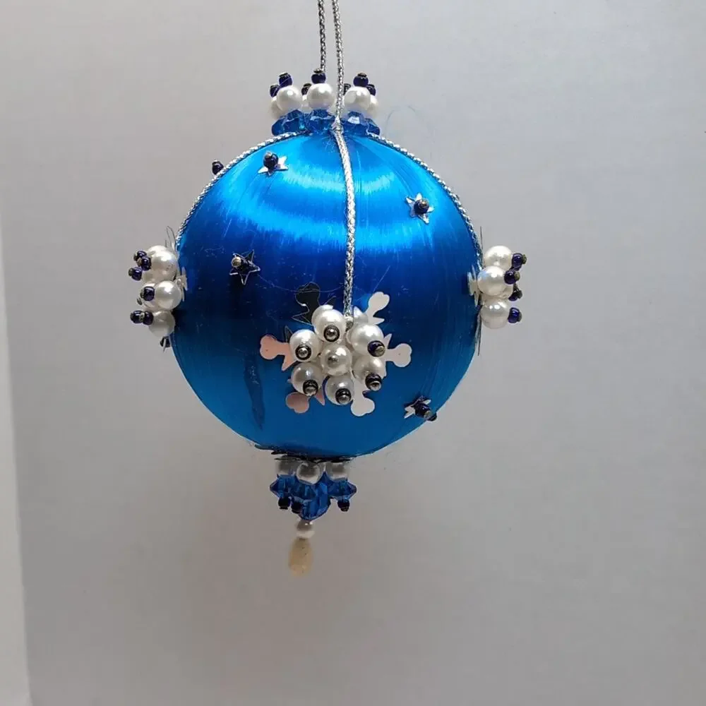 Push Pin‎ Beaded Christmas Ornament Blue Satin Pearl MCM